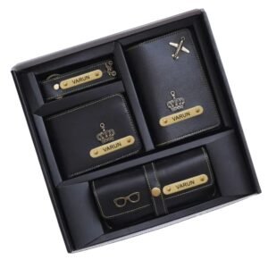 Custom black gift combo for men with name engraved – includes wallet, passport cover, keychain, and eyewear case