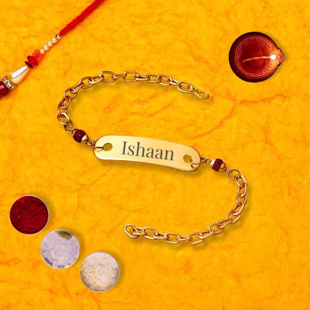Golden chain Rakhi with engraved name Ishaan, personalized Raksha Bandhan gift with diya and traditional puja items