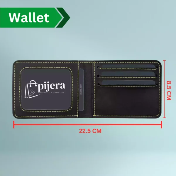 Open black leather wallet showing card slots and ID window with size dimensions from Pijera.