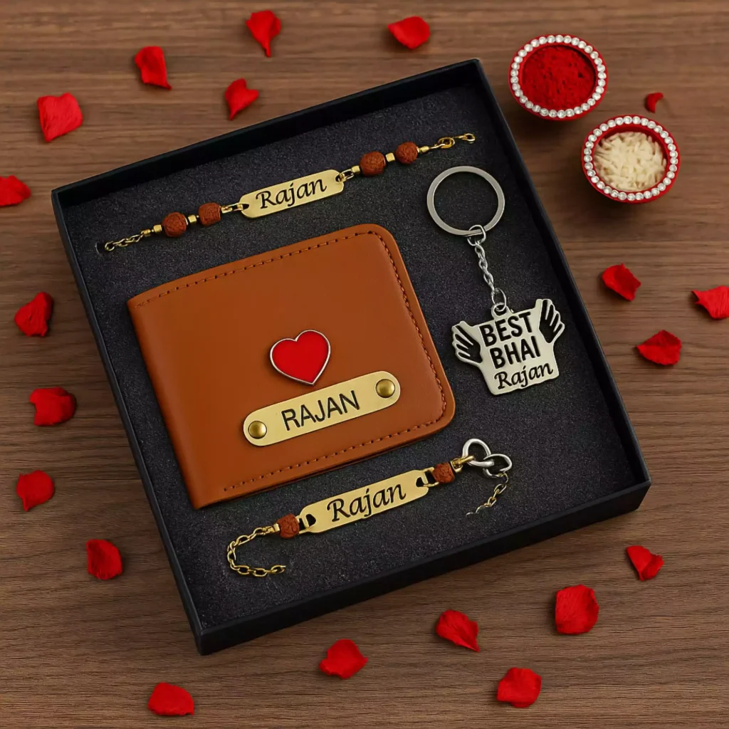 Personalized Rakhi gift set with brown wallet, engraved name Rajan, Best Bhai keychain, and rakhi on wooden table