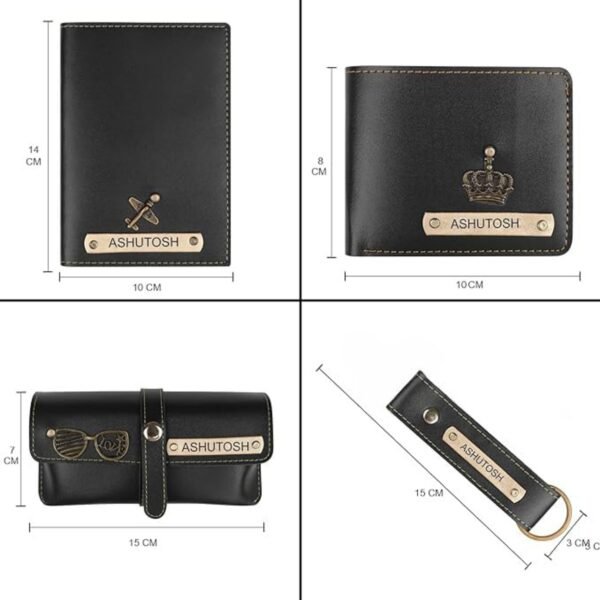 Size Chart for Personalized Black Wallet, Passport Cover, Eyewear Case & Keychain Gift Combo