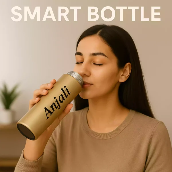 Woman Enjoying Hot Drink from Gold Personalized Bottle