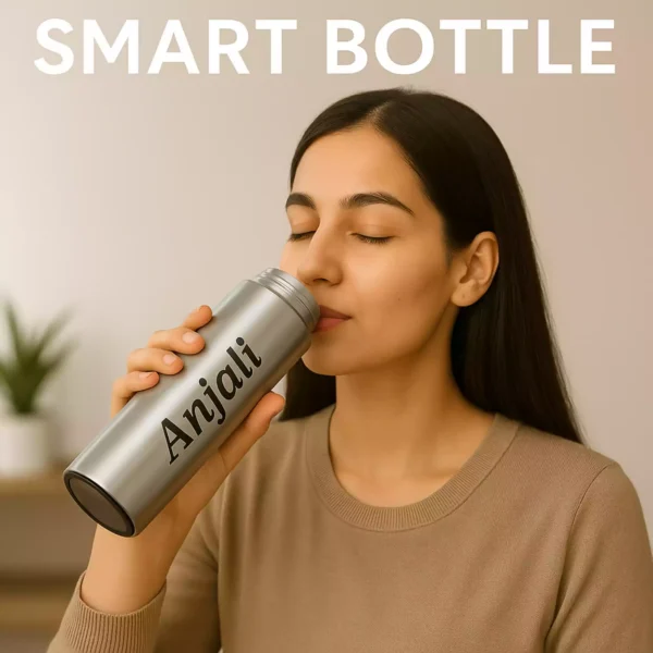 Woman Enjoying Drink from Silver Personalized Bottle