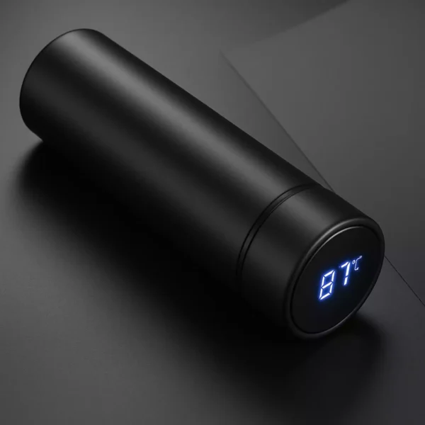 Sleek black smart bottle with LED temperature display showing 87°C