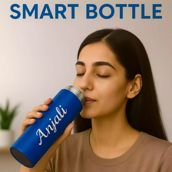 Woman drinking from blue custom smart bottle with name