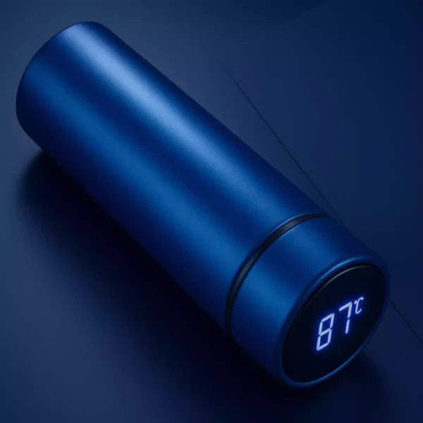 Blue smart temperature bottle with LED display at 87°C