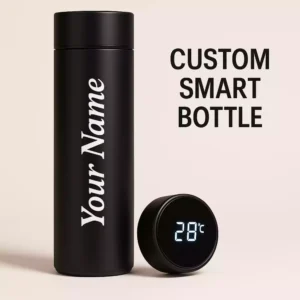 Black custom smart bottle with LED temperature display and "Your Name" printed