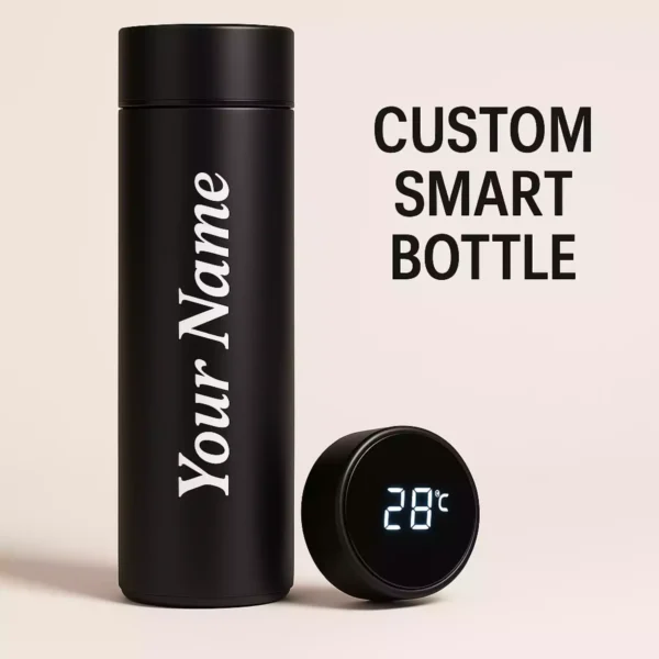 Black custom smart bottle with LED temperature display and "Your Name" printed