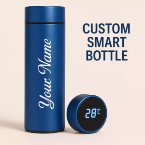 Personalized blue smart bottle with name and temperature sensor display