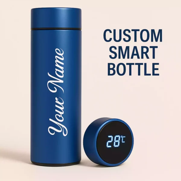 Personalized blue smart bottle with name and temperature sensor display