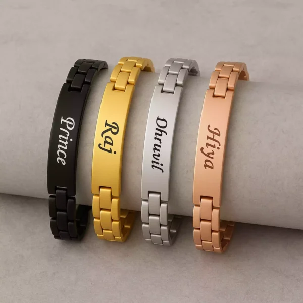 Set of four personalized metal name bracelets with engravings – Prince, Raj, Dhruvil, Hiya