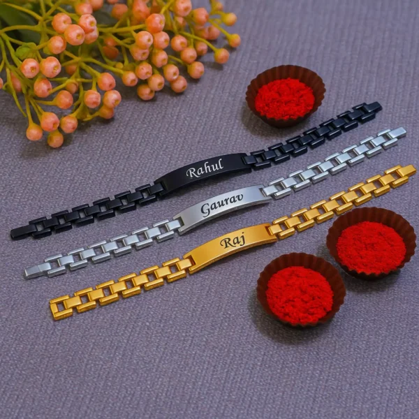 Personalized name bracelets for men – Rahul, Gaurav, Raj engraved in black, silver, and gold finishes