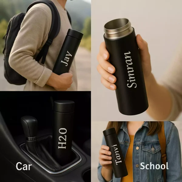 Custom black smart bottles with names used in school, car, and outdoor settings