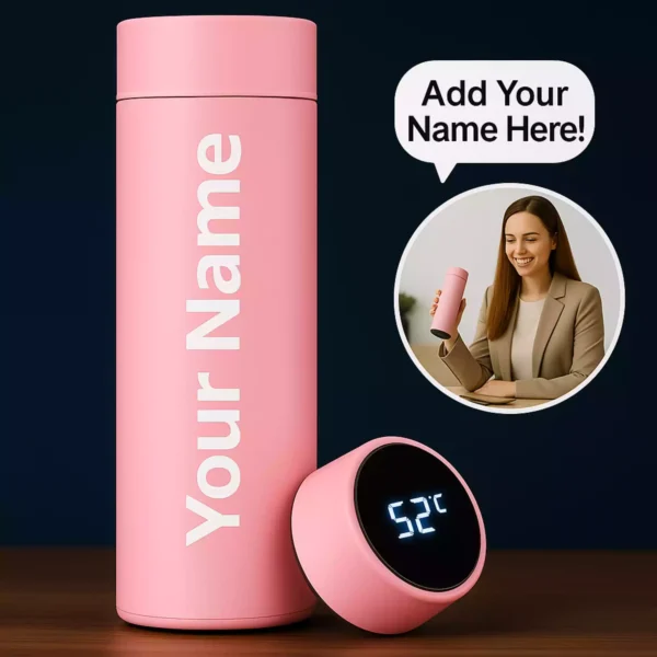 Pink smart bottle with LED temperature and custom name