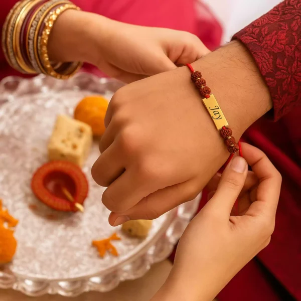 Girl tying personalised rakhi on brother’s wrist