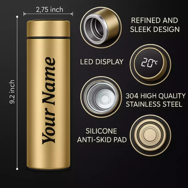 Gold Smart Bottle Feature Infographic with LED and Anti-Skid
