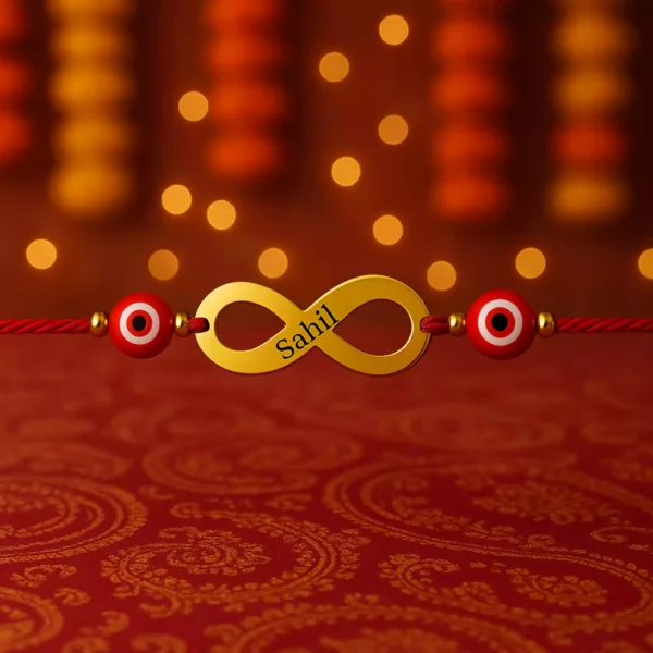 Infinity rakhi with name Sahil and red evil eye charm
