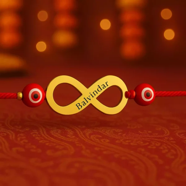 Customised red evil eye infinity rakhi with name Balvindar