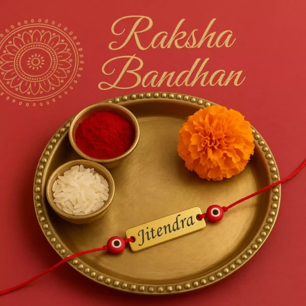 Jitendra name rakhi with red evil eye beads and festive thali