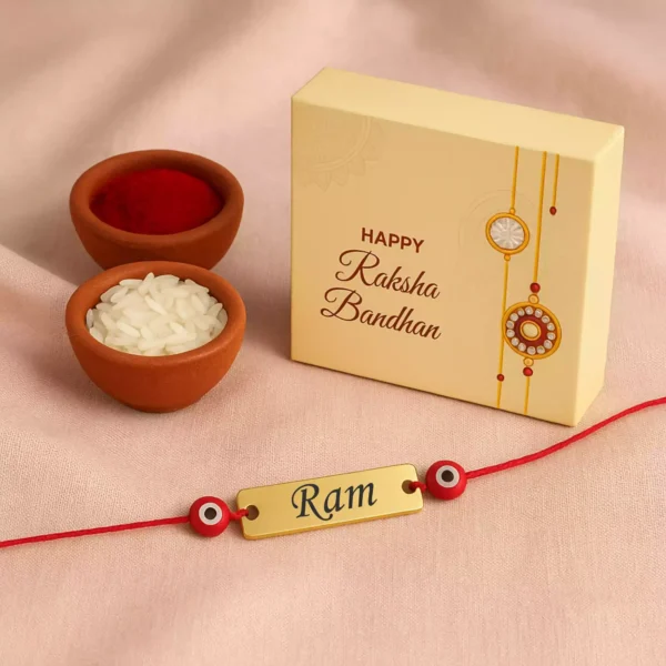 Ram name rakhi with red thread and protective evil eye