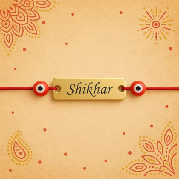 Custom red rakhi with Shikhar name and red evil eye protection
