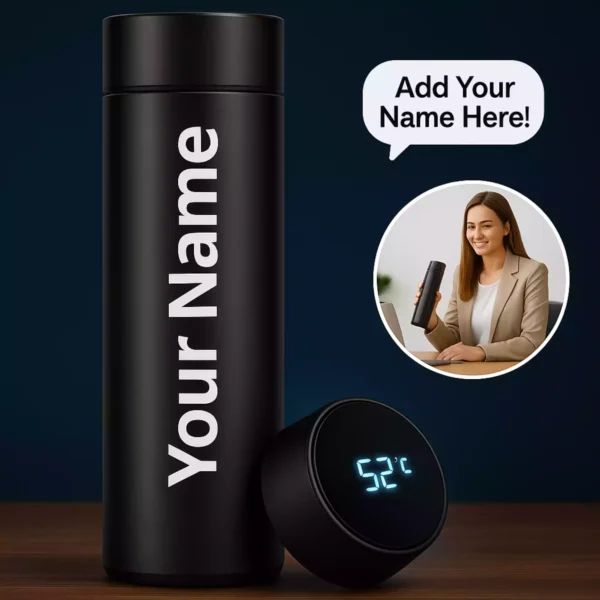 Black personalized smart bottle with LED temperature display and custom name option