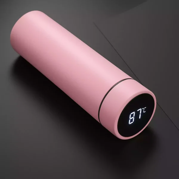 Pink smart temperature bottle with LED showing 87°C