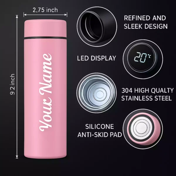 Size, features, and material details of pink smart bottle