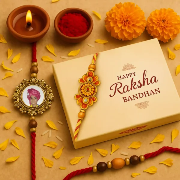 Raksha Bandhan setup with photo Rakhi, diya, petals and festive box