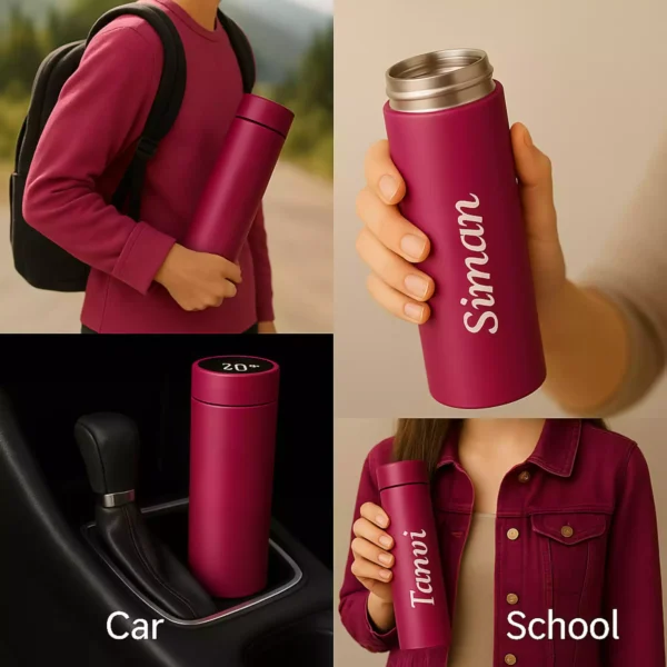Rose red bottle in car, school, and travel settings
