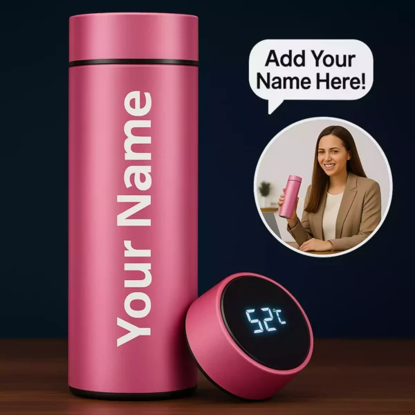 Smart bottle in rose red showing 52°C on LED lid