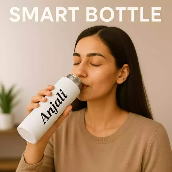 Woman drinking from personalized rose red smart bottle