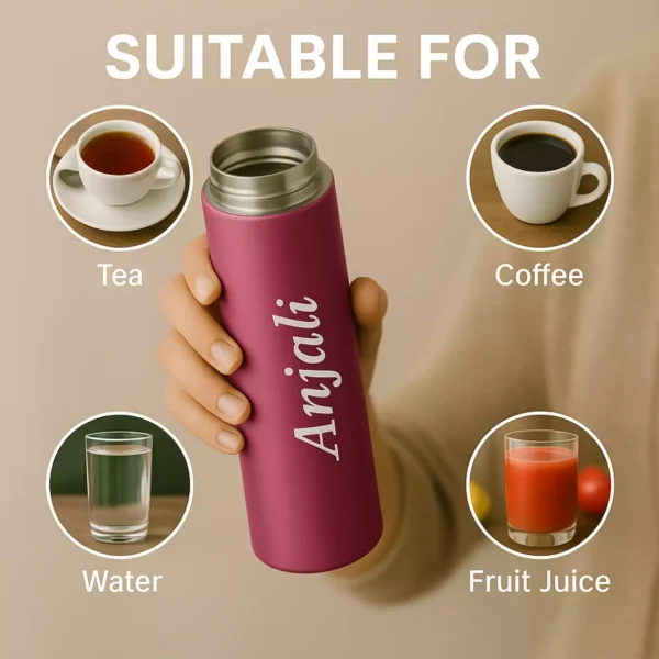 Bottle held in hand, labeled suitable for tea, coffee, water, juice
