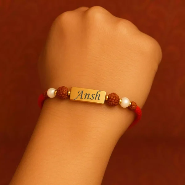 Personalized Rudraksha Rakhi on Brother's Hand