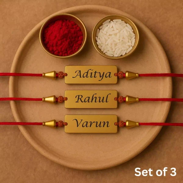 Set of 3 Name Engraved Rakhis with Roli Chawal