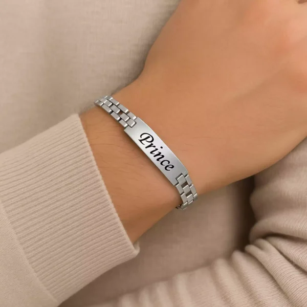 Silver custom bracelet with "Prince" engraved – Personalized men's bracelet worn on wrist