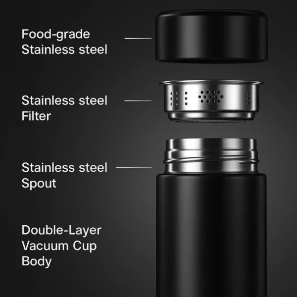 Smart bottle with food-grade stainless steel, filter, spout, and double-layer vacuum body