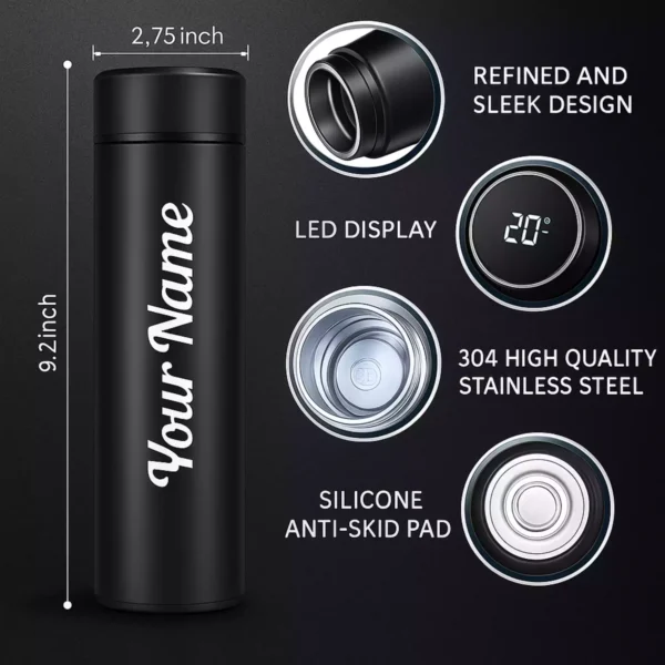Black smart bottle with LED display, anti-skid pad, and 304 stainless steel body