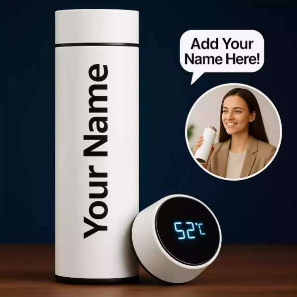 Custom white smart bottle with name and digital temperature display