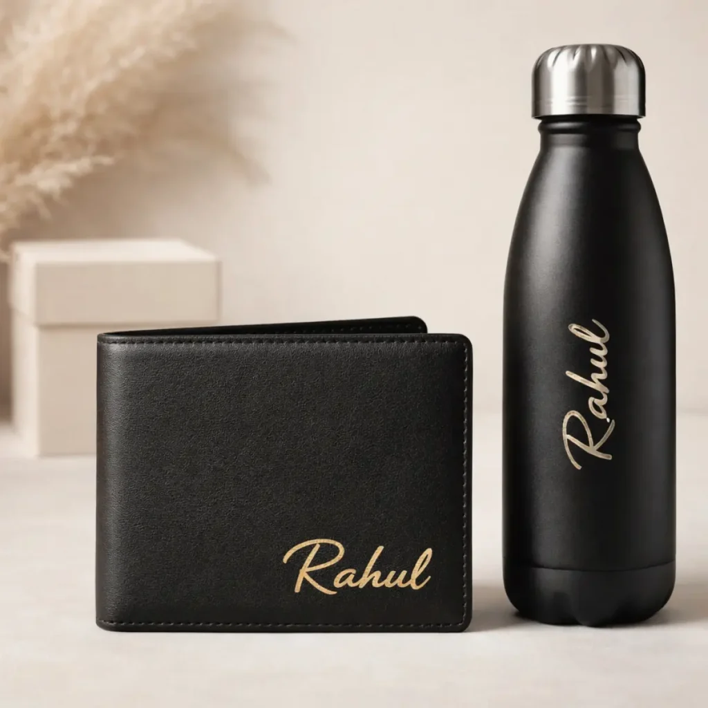 personalized name wallet and bottle engraved Rahul custom gift India