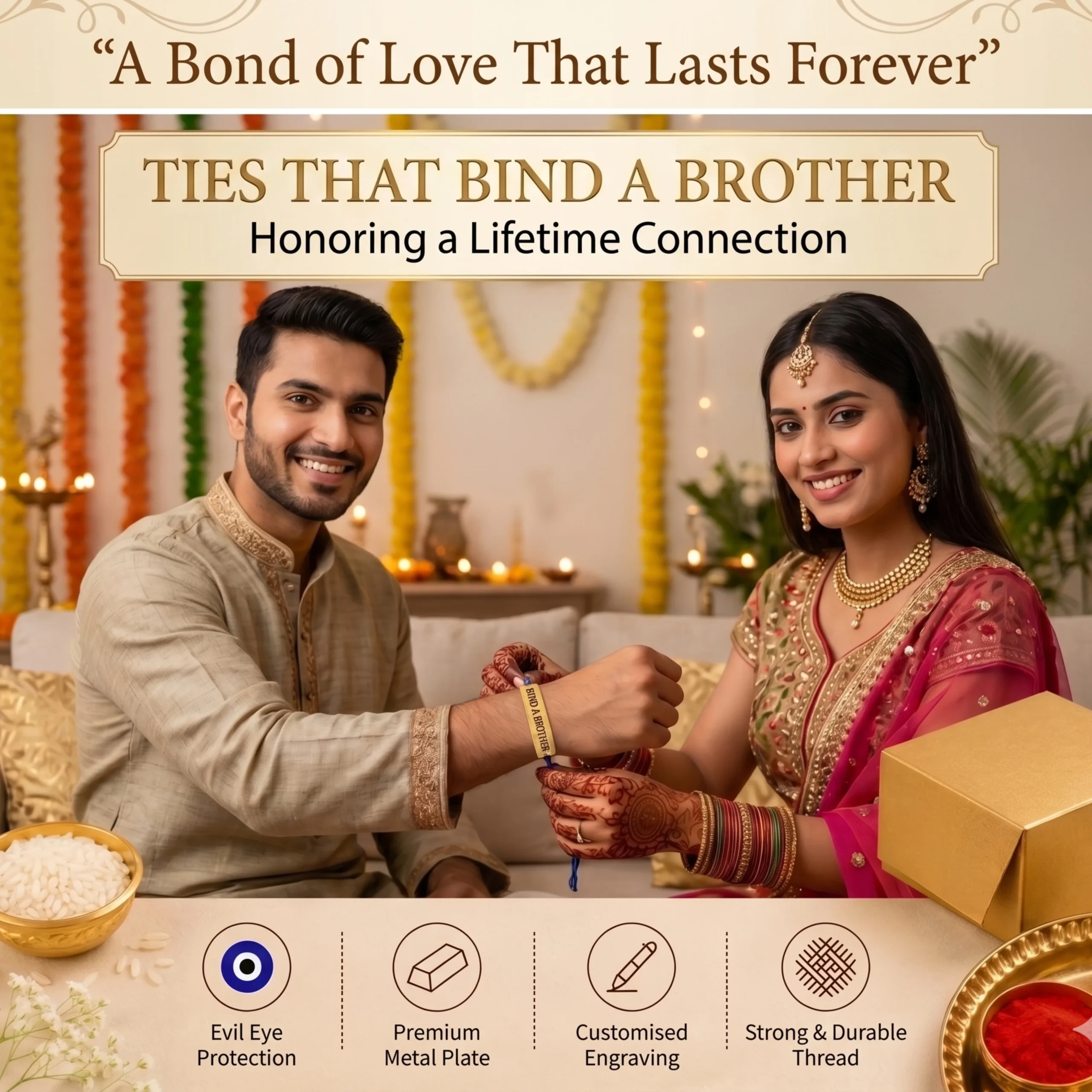 Brother and sister celebrating Raksha Bandhan with personalized blue evil eye rakhi bracelet