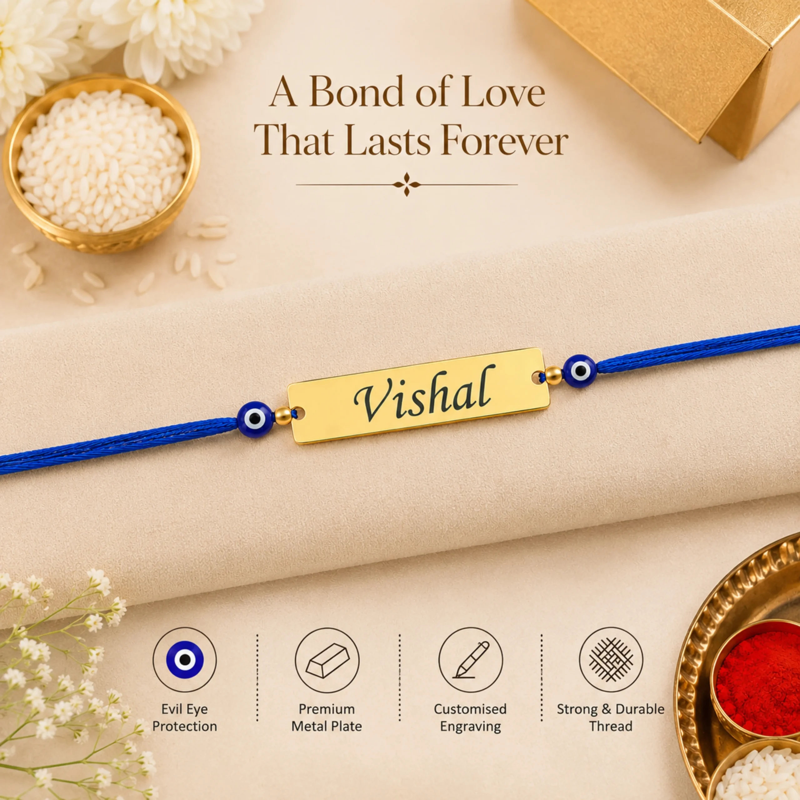 Personalized Blue Evil Eye Rakhi with custom engraved name plate and protective evil eye beads