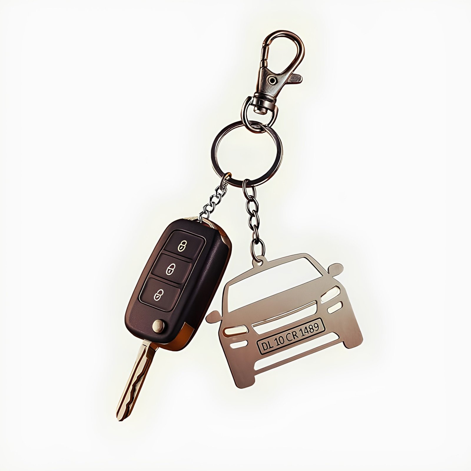 Personalized car keychain with custom vehicle number engraving attached to car keys