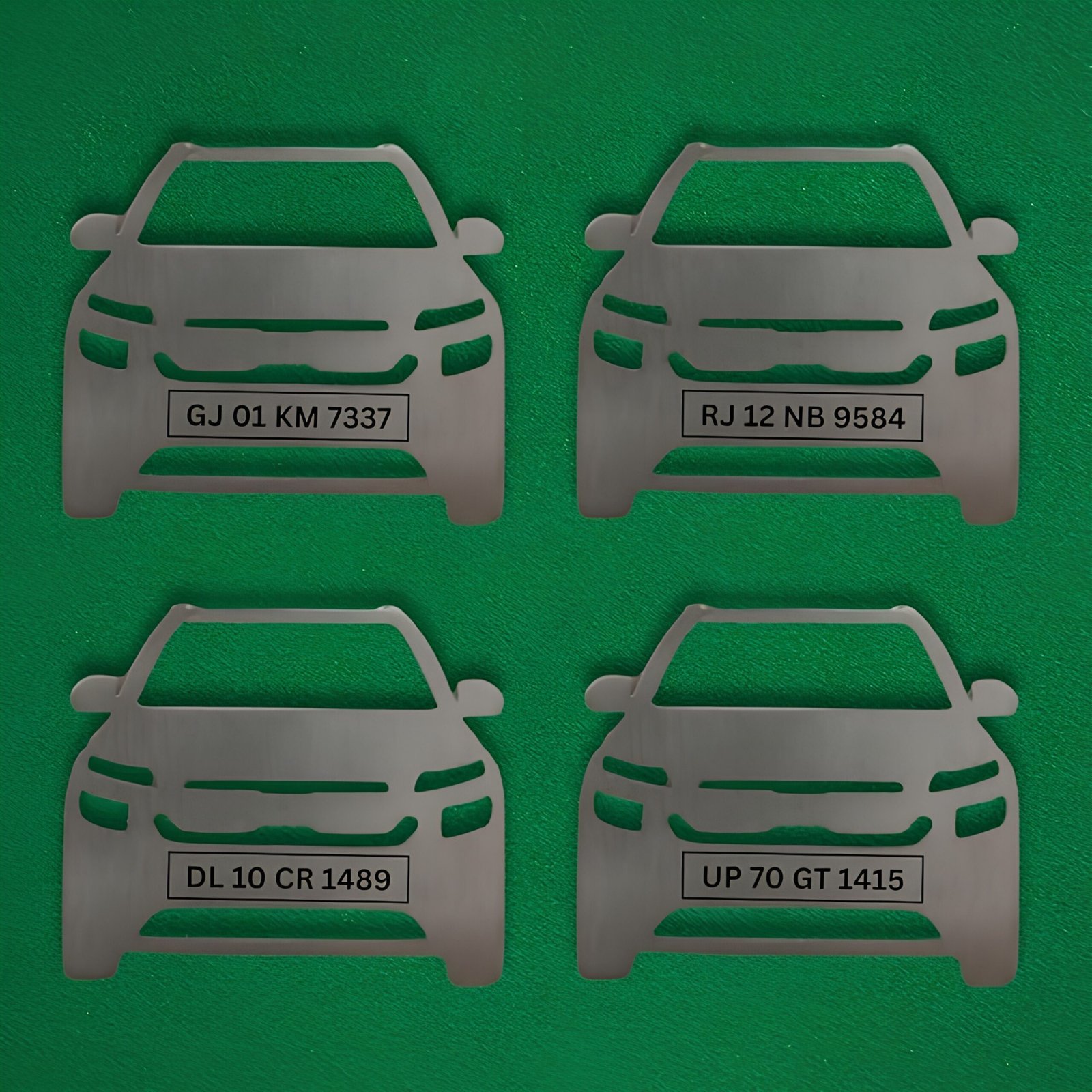 Multiple personalized car number keychains with custom vehicle registration engraving in stainless steel