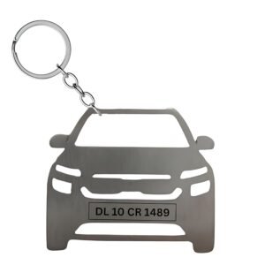 Custom metal car number plate keychain with personalized vehicle registration engraving in stainless steel finish