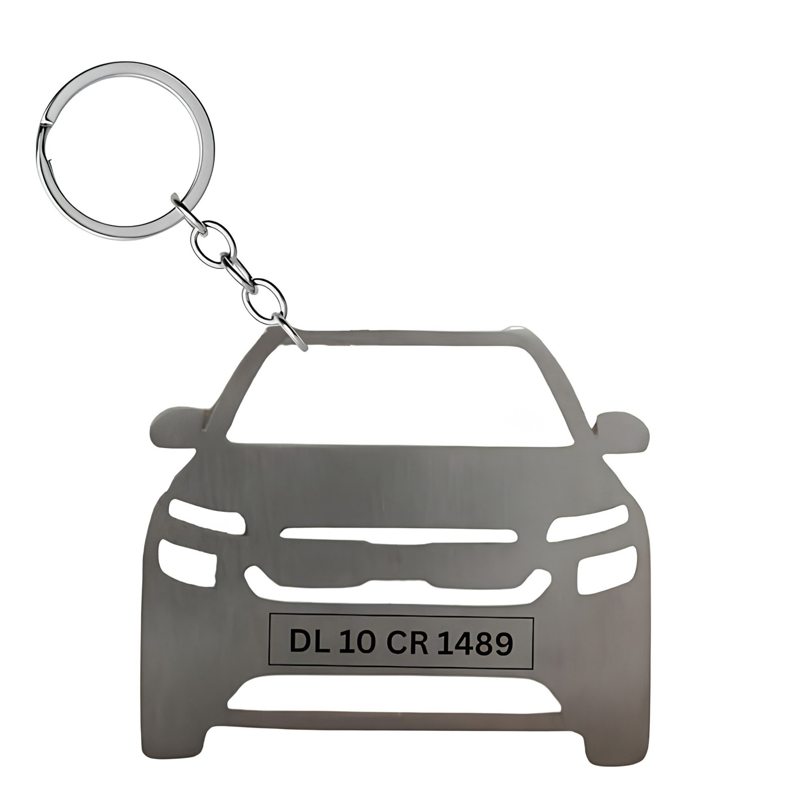 Custom metal car number plate keychain with personalized vehicle registration engraving in stainless steel finish