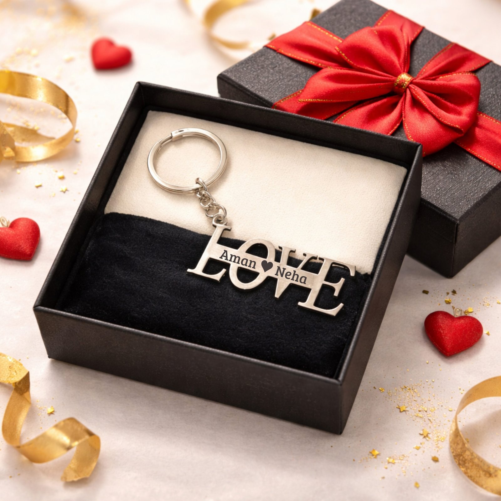 custom couple name love keychain engraved with names in gift box romantic personalized gift for anniversary