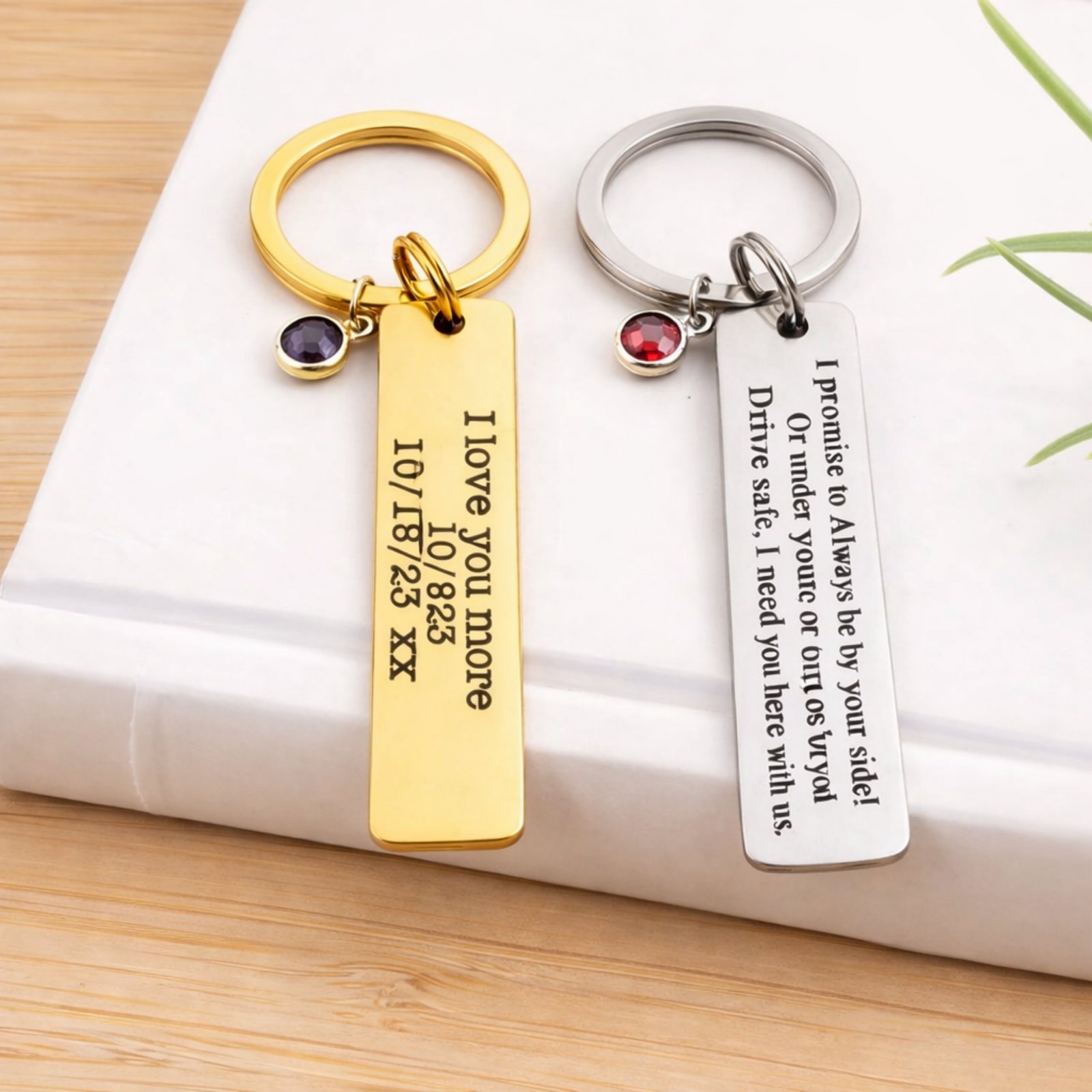 Personalized engraved message keychain with custom text date and birthstone charm metal keyring for couples