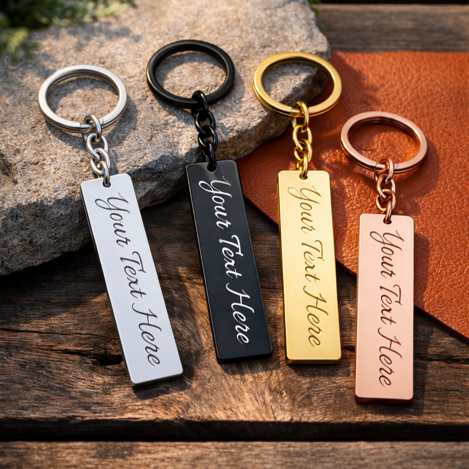 Custom engraved name keychain stainless steel bar in silver black gold and rose gold colors lifestyle image