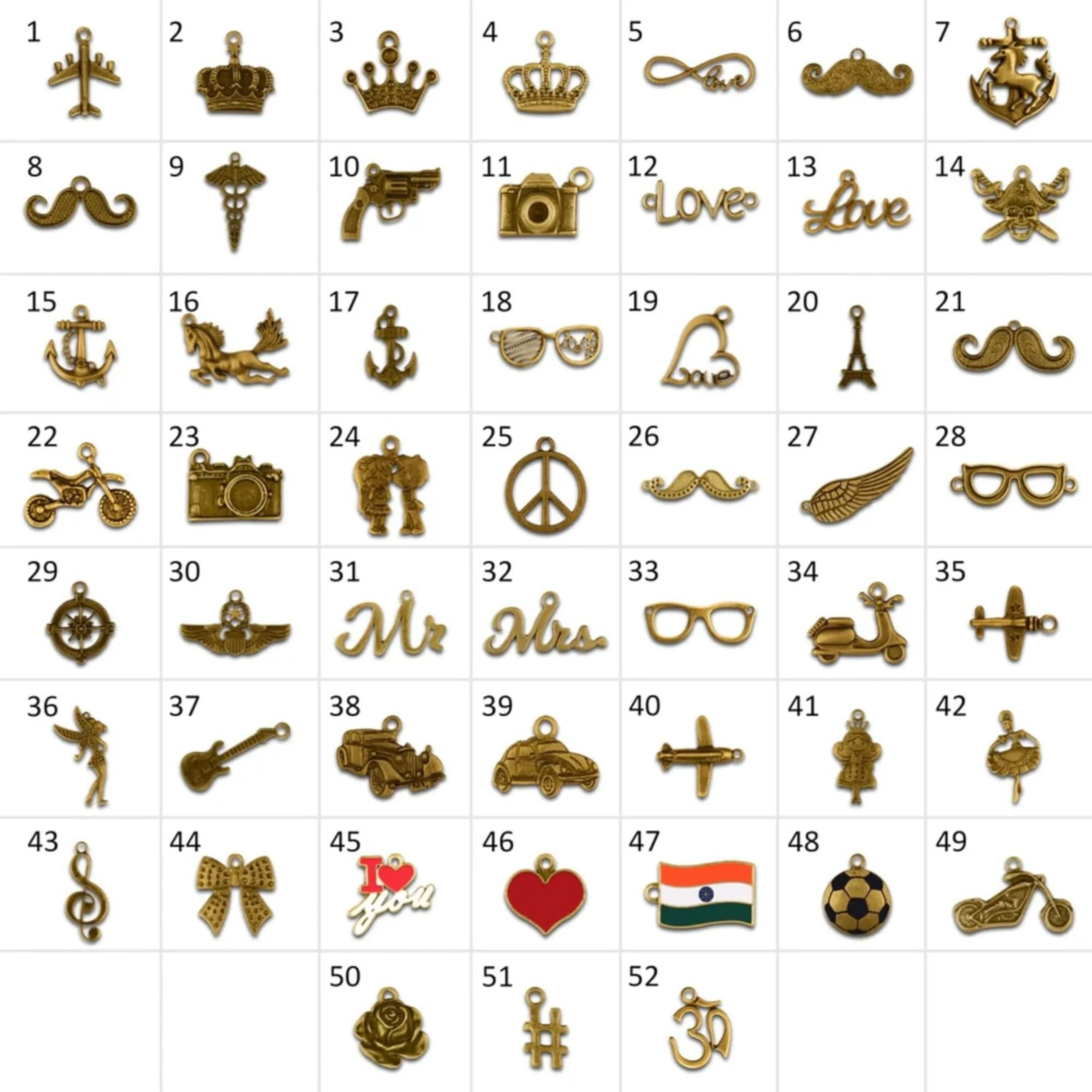 52 unique charm designs for personalized leather wallets including bike, crown, guitar, camera, airplane and love symbols
